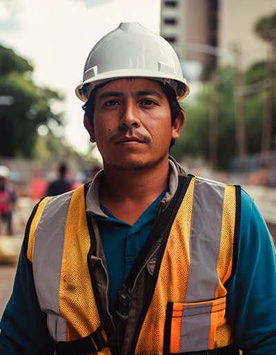 Worker wearing a hard helmet and safety vest.