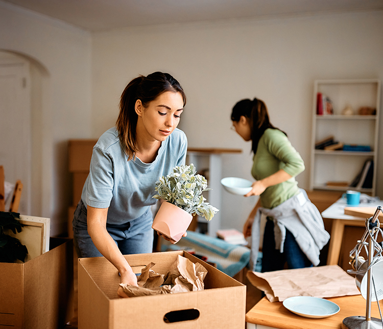 Two roommates pack items into boxes.