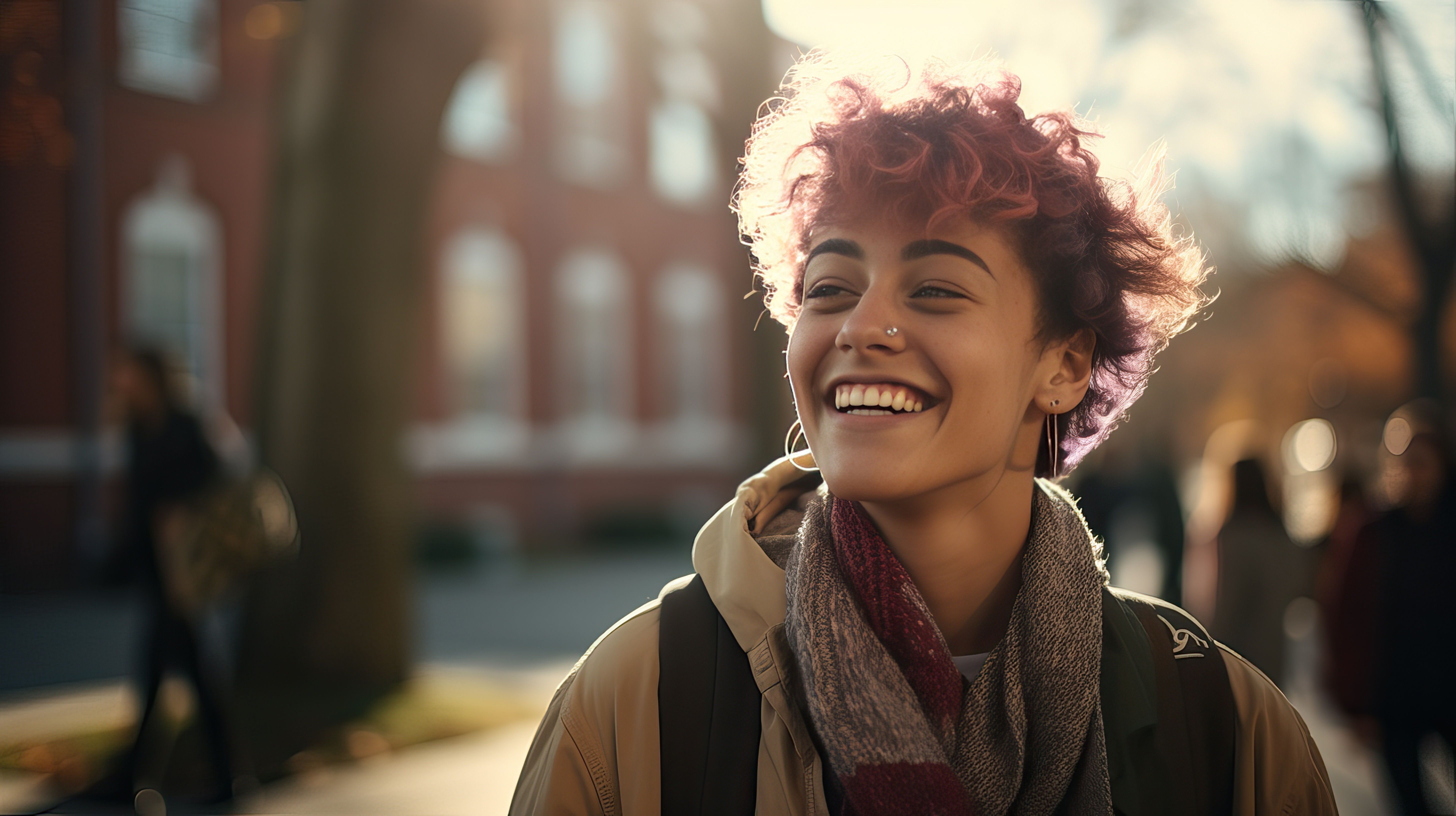 Happy college student with short pink hair and a nose piercing.
