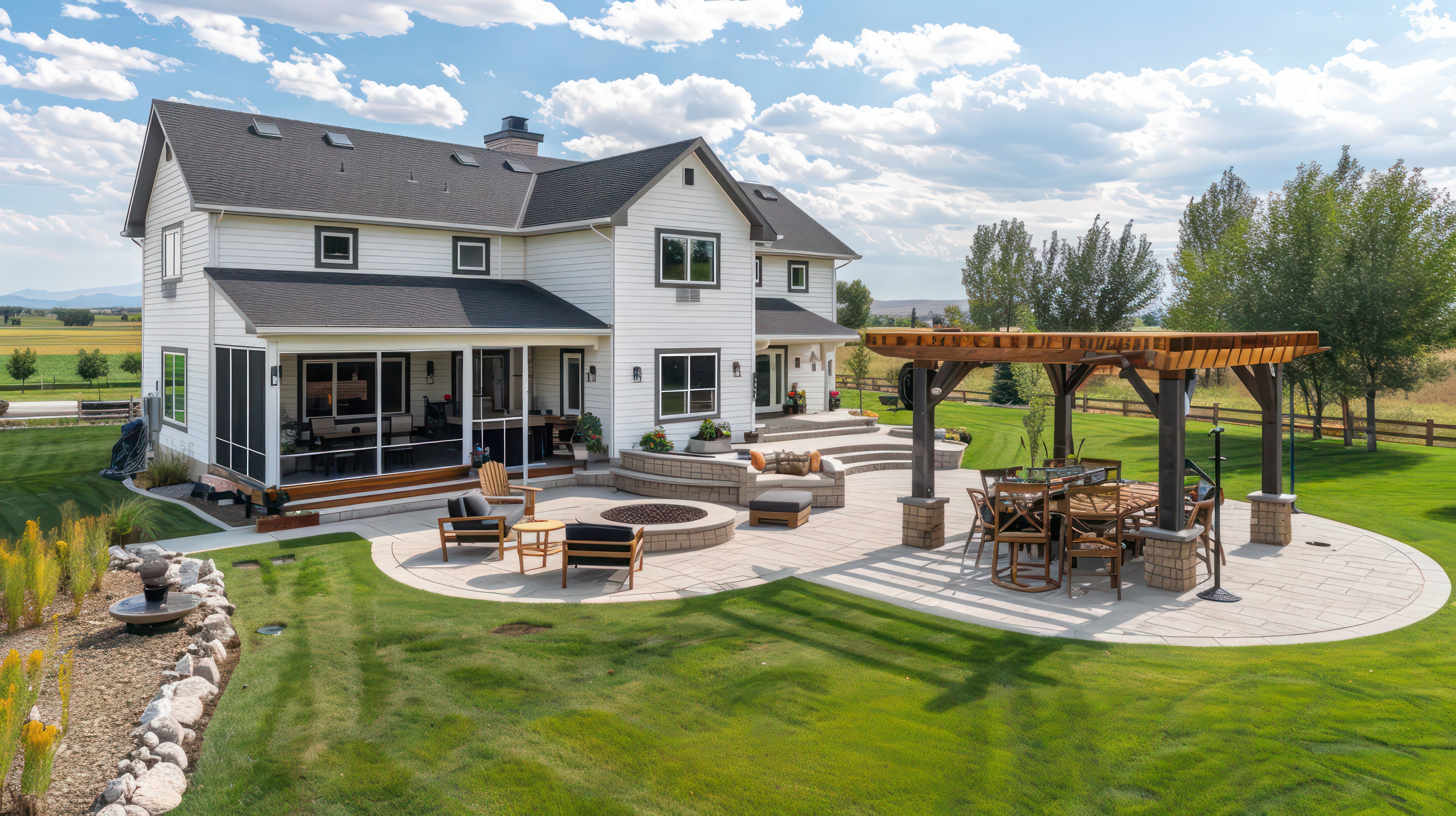 white house with a fire pit and gazebo in the backyard